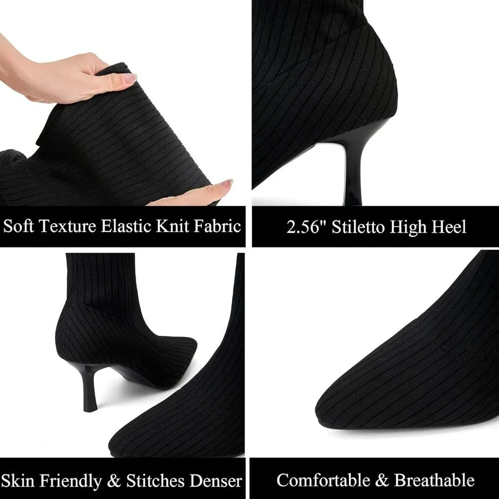 Women's Black Thigh High Socks Pointed Toe Over-the- Knee High Heel Boots